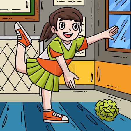 Esta caricatura clipart muestra una animadora chica animadora estiramiento ilustración.