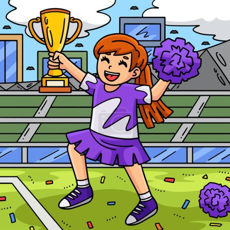 Illustration for This cartoon clipart shows a Cheerleading Girl Cheerleader with a Trophy illustration. - Royalty Free Image