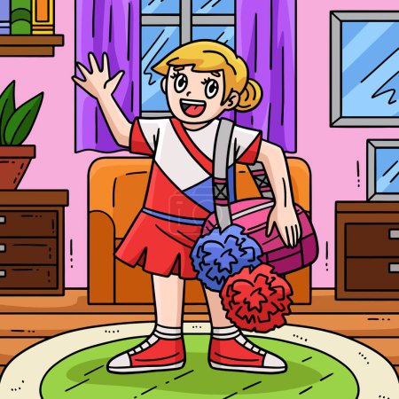 Illustration for This cartoon clipart shows a Cheerleader Girl with a Sports Bag illustration. - Royalty Free Image