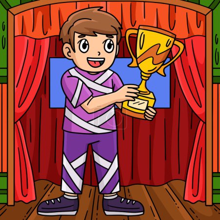 This cartoon clipart shows a Cheerleading Cheerleader Boy with a Trophy illustration.