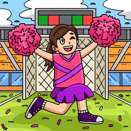 Illustration for This cartoon clipart shows a Cheerleading Girl Cheerleader Kneeling with Pompoms illustration. - Royalty Free Image