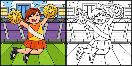 Illustration for This coloring page shows a Cheerleading Girl Cheerleader Jumping. One side of this illustration is colored and serves as an inspiration for children. - Royalty Free Image