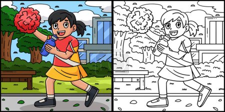 Illustration for This coloring page shows a Cheerleader Girl with a Sports Bottle. One side of this illustration is colored and serves as an inspiration for children. - Royalty Free Image