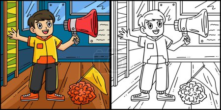 Illustration for This coloring page shows a Cheerleading Male Choreographer with a Megaphone and Pompoms. One side of this illustration is colored and serves as an inspiration for children. - Royalty Free Image