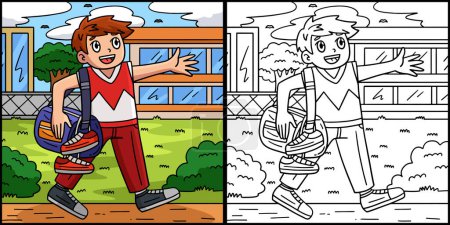 Illustration for This coloring page shows a Cheerleader Boy with a Duffel Bag. One side of this illustration is colored and serves as an inspiration for children. - Royalty Free Image