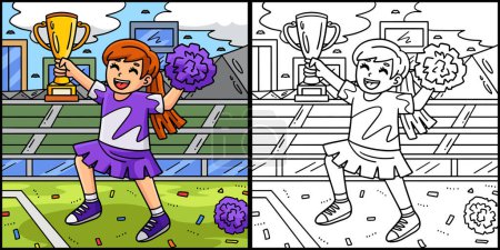 Illustration for This coloring page shows a Cheerleading Girl Cheerleader with a Trophy. One side of this illustration is colored and serves as an inspiration for children. - Royalty Free Image