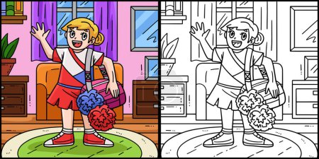 Illustration for This coloring page shows a Cheerleader Girl with a Sports Bag. One side of this illustration is colored and serves as an inspiration for children. - Royalty Free Image