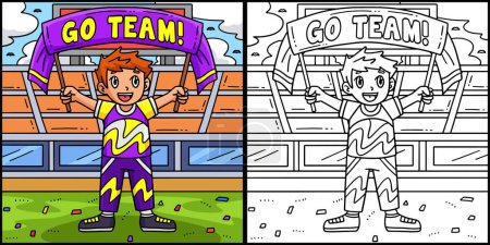 Illustration for This coloring page shows a Cheerleading Boy Cheerleader with a Banner. One side of this illustration is colored and serves as an inspiration for children. - Royalty Free Image