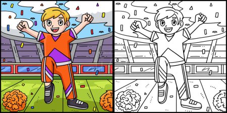 Illustration for This coloring page shows a Cheerleader Boy Lifting Leg and Raise Hands. One side of this illustration is colored and serves as an inspiration for children. - Royalty Free Image