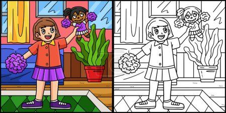 Illustration for This coloring page shows a Cheerleading Girl with a Cheerleader Doll. One side of this illustration is colored and serves as an inspiration for children. - Royalty Free Image