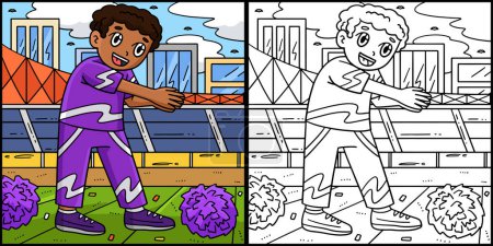 Illustration for This coloring page shows a Cheerleader Boy in a Clapping Pose. One side of this illustration is colored and serves as an inspiration for children. - Royalty Free Image