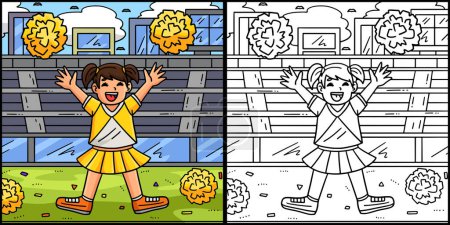 Illustration for This coloring page shows a Cheerleading Girl Cheerleader Pompoms. One side of this illustration is colored and serves as an inspiration for children. - Royalty Free Image
