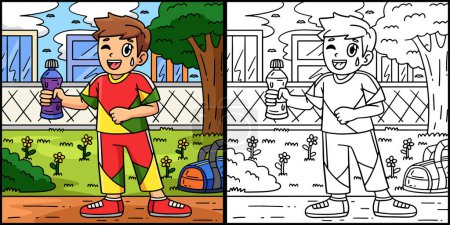 Illustration for This coloring page shows a Cheerleader Boy with a Water Bottle. One side of this illustration is colored and serves as an inspiration for children. - Royalty Free Image