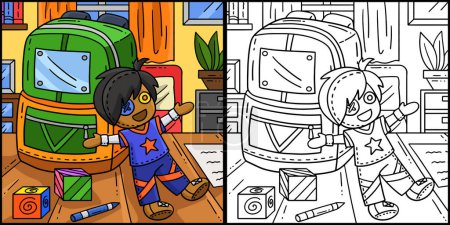 Esta página para colorear muestra una mochila animadora y Plushie. Un lado de esta ilustración es de color y sirve como inspiración para los niños.