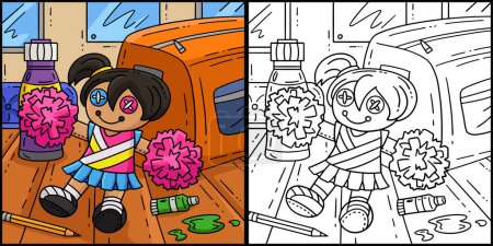 Cette page à colorier montre une pom-pom girl pompom girl Plushie. Un côté de cette illustration est coloré et sert d'inspiration pour les enfants.