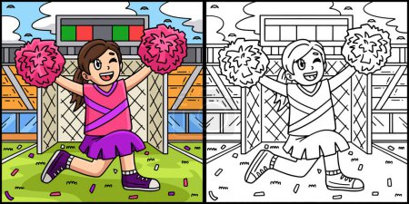 Illustration for This coloring page shows a Cheerleading Girl Cheerleader Kneeling with Pompoms. One side of this illustration is colored and serves as an inspiration for children. - Royalty Free Image
