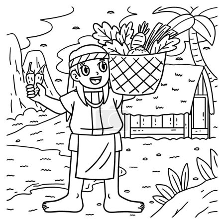 A cute and funny coloring page of a Columbus Day Native Man with a Basket Harvest. Provides hours of coloring fun for children. To color, this page is very easy. Suitable for little kids and toddlers.