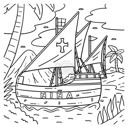 A cute and funny coloring page of a Columbus Day Nina Ship. Provides hours of coloring fun for children. To color, this page is very easy. Suitable for little kids and toddlers.