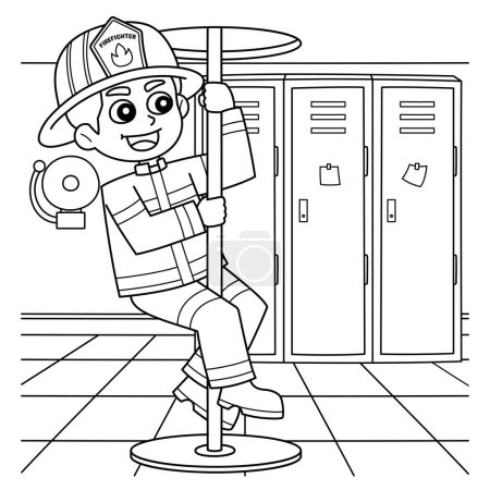 Illustration for A cute and funny coloring page of a Firefighter Sliding Down the Pole. Provides hours of coloring fun for children. To color, this page is very easy. Suitable for little kids and toddlers. - Royalty Free Image