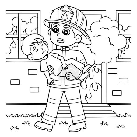Illustration for A cute and funny coloring page of a Firefighter Saving the Kid. Provides hours of coloring fun for children. To color, this page is very easy. Suitable for little kids and toddlers. - Royalty Free Image