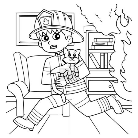 Una página para colorear linda y divertida de un bombero huyendo con un gato. Proporciona horas de diversión para colorear para los niños. Para colorear, esta página es muy fácil. Apto para niños pequeños y niños pequeños.