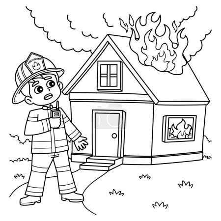A cute and funny coloring page of a Firefighter with a Burning House. Provides hours of coloring fun for children. To color, this page is very easy. Suitable for little kids and toddlers.