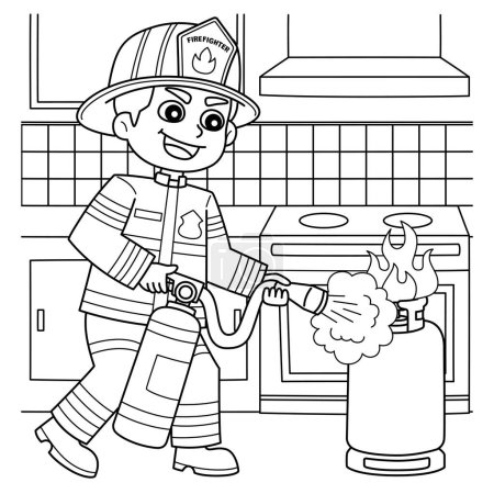 Illustration for A cute and funny coloring page of a Firefighter Holding a Fire Extinguisher. Provides hours of coloring fun for children. To color, this page is very easy. Suitable for little kids and toddlers. - Royalty Free Image