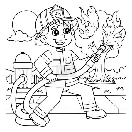 A cute and funny coloring page of a Firefighter Putting Out a Fire. Provides hours of coloring fun for children. To color, this page is very easy. Suitable for little kids and toddlers.