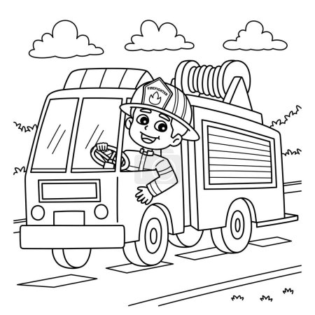 Illustration for A cute and funny coloring page of a Firefighter Driving a Fire Truck. Provides hours of coloring fun for children. To color, this page is very easy. Suitable for little kids and toddlers. - Royalty Free Image