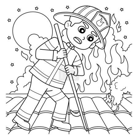 Illustration for A cute and funny coloring page of a Firefighter Poking the Roof. Provides hours of coloring fun for children. To color, this page is very easy. Suitable for little kids and toddlers. - Royalty Free Image