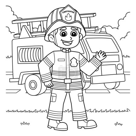 Illustration for A cute and funny coloring page of a Male Firefighter. Provides hours of coloring fun for children. To color, this page is very easy. Suitable for little kids and toddlers. - Royalty Free Image
