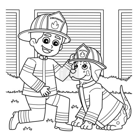 Illustration for A cute and funny coloring page of a Firefighter Boy and Firefighter Dog. Provides hours of coloring fun for children. To color, this page is very easy. Suitable for little kids and toddlers. - Royalty Free Image