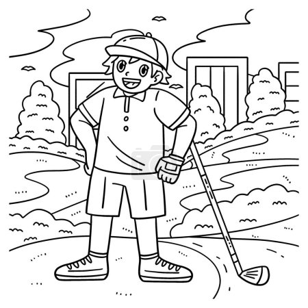 Ilustración de Una página para colorear lindo y divertido de un golfista de golf apoyado en un club. Proporciona horas de diversión para colorear para los niños. Para colorear, esta página es muy fácil. Apto para niños pequeños y niños pequeños. - Imagen libre de derechos