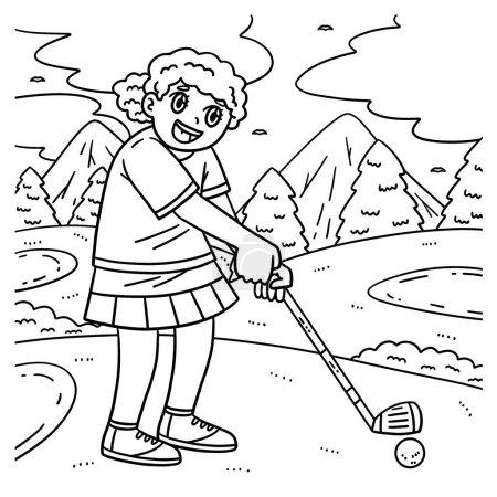 A cute and funny coloring page of a Female Golfer Aiming. Provides hours of coloring fun for children. To color, this page is very easy. Suitable for little kids and toddlers.