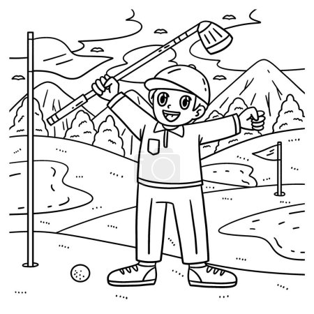 Illustration for A cute and funny coloring page of a Golf Golfer Raising Hands. Provides hours of coloring fun for children. To color, this page is very easy. Suitable for little kids and toddlers. - Royalty Free Image