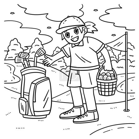 A cute and funny coloring page of a Female Caddie with a Bag and a Basket of Balls. Provides hours of coloring fun for children. To color, this page is very easy. Suitable for little kids and toddlers