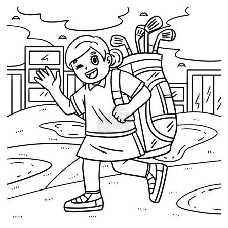A cute and funny coloring page of a Female Golfer Carrying a Bag. Provides hours of coloring fun for children. To color, this page is very easy. Suitable for little kids and toddlers.