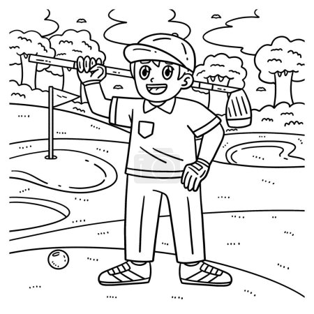 Ilustración de Una página para colorear lindo y divertido de un golfista de golf con un club. Proporciona horas de diversión para colorear para los niños. Para colorear, esta página es muy fácil. Apto para niños pequeños y niños pequeños. - Imagen libre de derechos