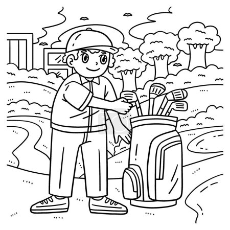 A cute and funny coloring page of a Golf Golfer Choosing Club. Provides hours of coloring fun for children. To color, this page is very easy. Suitable for little kids and toddlers.
