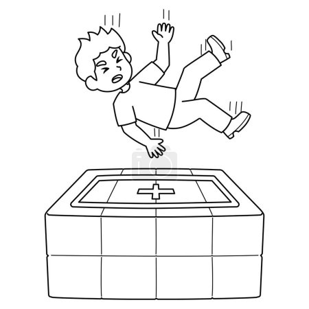 Illustration for A cute and funny coloring page of a Kid Saving from Inflatable Life Saving Cushion. Provides hours of coloring fun for children. To color, this page is very easy. Suitable for little kids and toddlers - Royalty Free Image