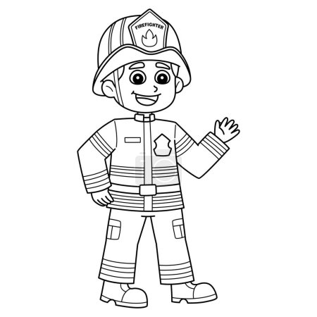 Illustration for A cute and funny coloring page of a Firefighter Boy. Provides hours of coloring fun for children. To color, this page is very easy. Suitable for little kids and toddlers. - Royalty Free Image
