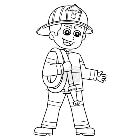 Illustration for A cute and funny coloring page of a Firefighter Carrying a Fire Hose. Provides hours of coloring fun for children. To color, this page is very easy. Suitable for little kids and toddlers. - Royalty Free Image