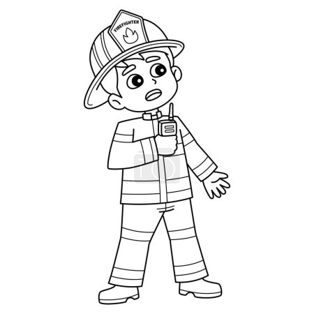 Illustration for A cute and funny coloring page of a Firefighter Holding a Radio. Provides hours of coloring fun for children. To color, this page is very easy. Suitable for little kids and toddlers. - Royalty Free Image