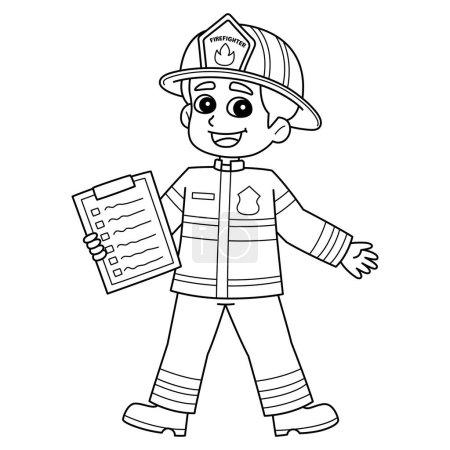 Illustration for A cute and funny coloring page of a Firefighter with a Fire Safety Checklist. Provides hours of coloring fun for children. To color, this page is very easy. Suitable for little kids and toddlers. - Royalty Free Image