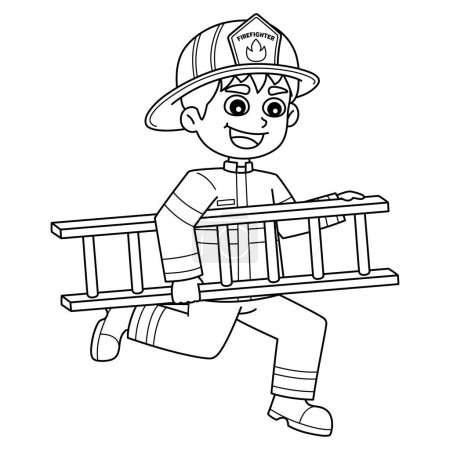 Illustration for A cute and funny coloring page of a Firefighter Holding Ladder. Provides hours of coloring fun for children. To color, this page is very easy. Suitable for little kids and toddlers. - Royalty Free Image