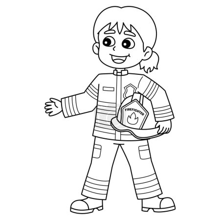 Illustration for A cute and funny coloring page of a Female Firefighter. Provides hours of coloring fun for children. To color, this page is very easy. Suitable for little kids and toddlers. - Royalty Free Image