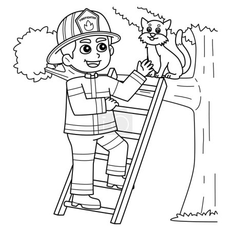 A cute and funny coloring page of a Firefighter Saving a Cat. Provides hours of coloring fun for children. To color, this page is very easy. Suitable for little kids and toddlers.