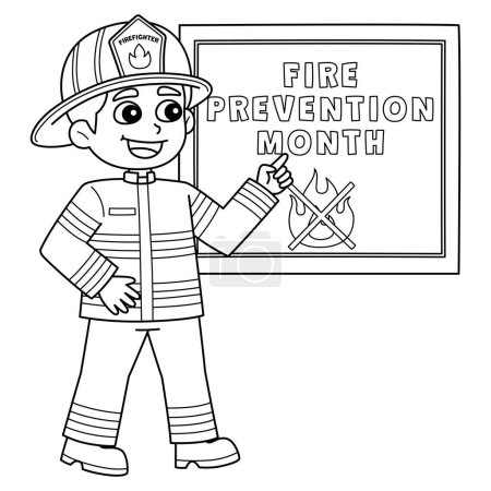 Une page à colorier mignonne et drôle d'un pompier enseignant le mois de la prévention des incendies. Fournit des heures de plaisir de coloration pour les enfants. Pour colorer, cette page est très facile. Convient aux petits enfants et aux tout-petits.