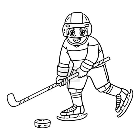 Illustration for A cute and funny coloring page of an Ice Hockey Player Hitting a Hockey Puck. Provides hours of coloring fun for children. To color, this page is very easy. Suitable for little kids and toddlers. - Royalty Free Image