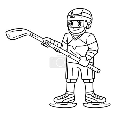 Illustration for A cute and funny coloring page of an Ice Hockey Player Holding a Hockey Stick. Provides hours of coloring fun for children. To color, this page is very easy. Suitable for little kids and toddlers. - Royalty Free Image